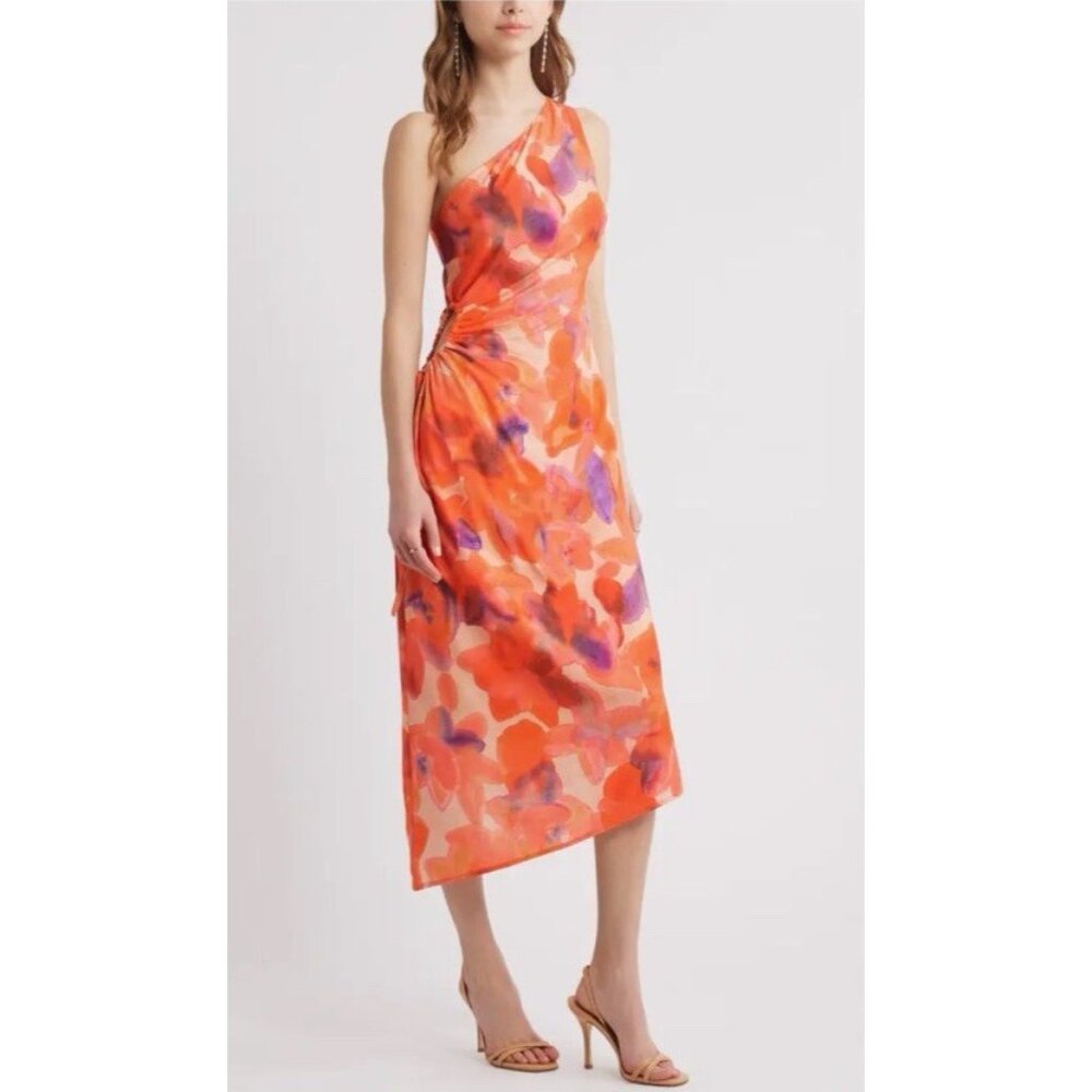 Chelsea28 Midi Dress L Large Purple Orange Pink Floral Linen One Shoulder - Picture 8 of 13